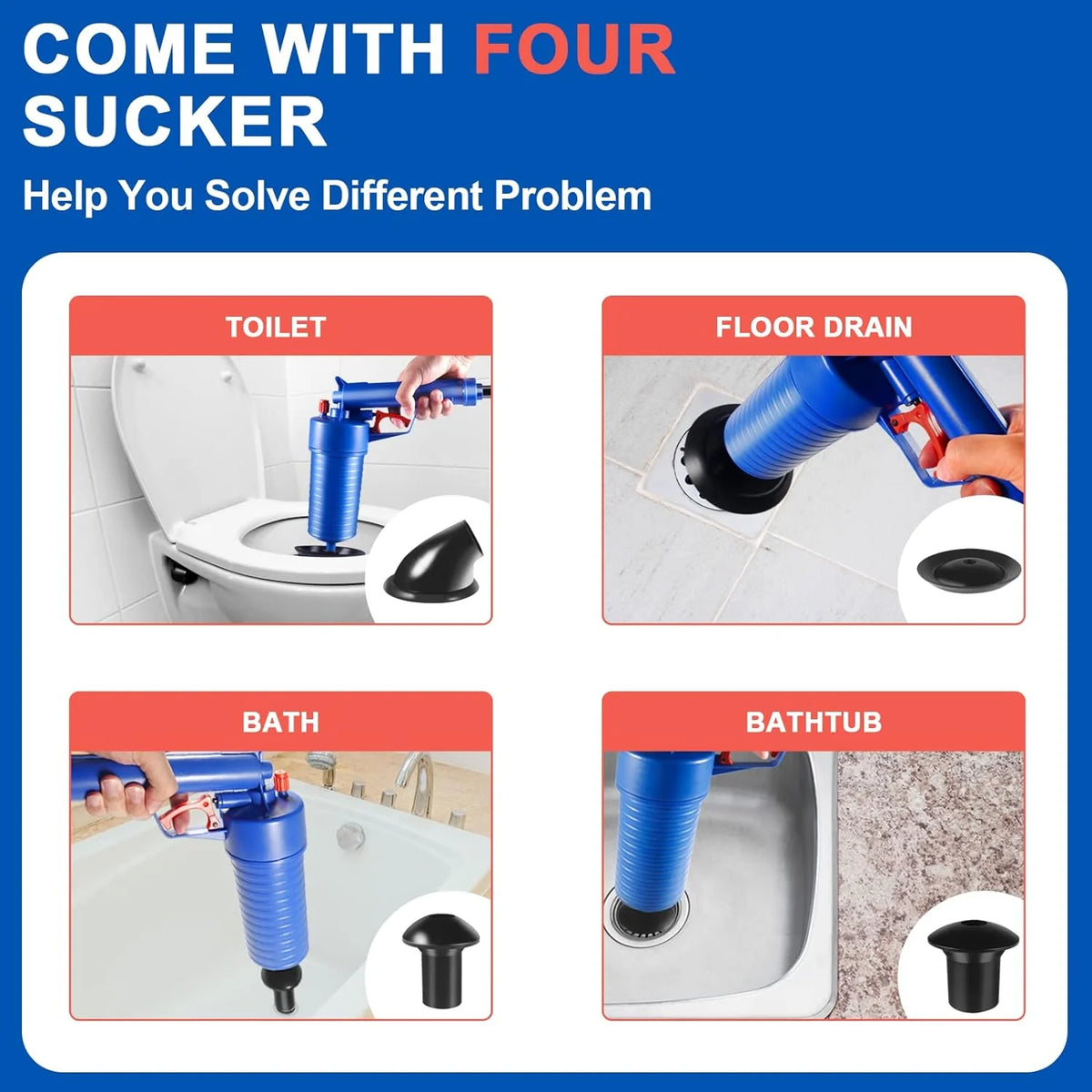 Drain Plunger Gun Compressed-Air 4 Interchangeable Cups Splash Guard
