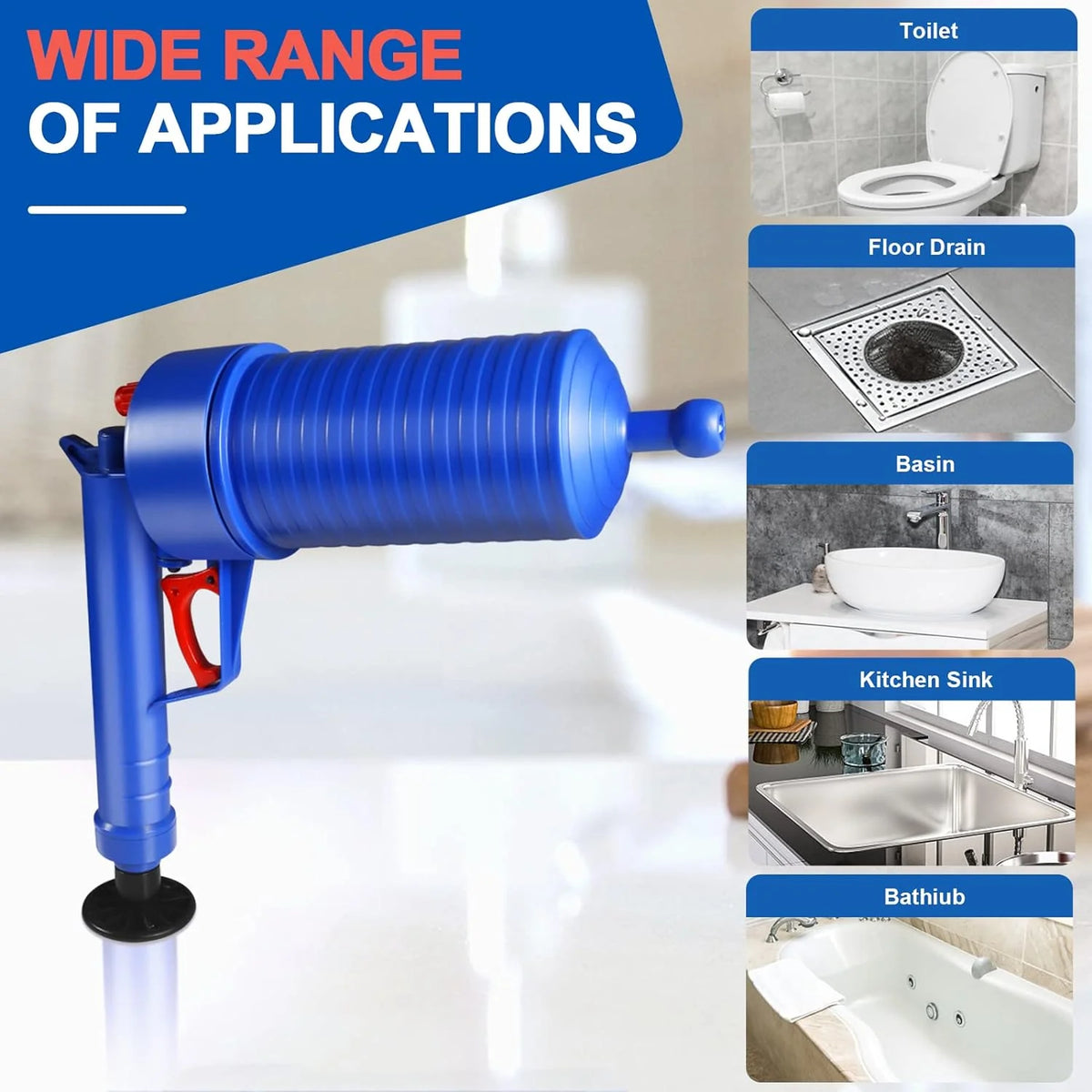 Drain Plunger Gun Compressed-Air 4 Interchangeable Cups Splash Guard