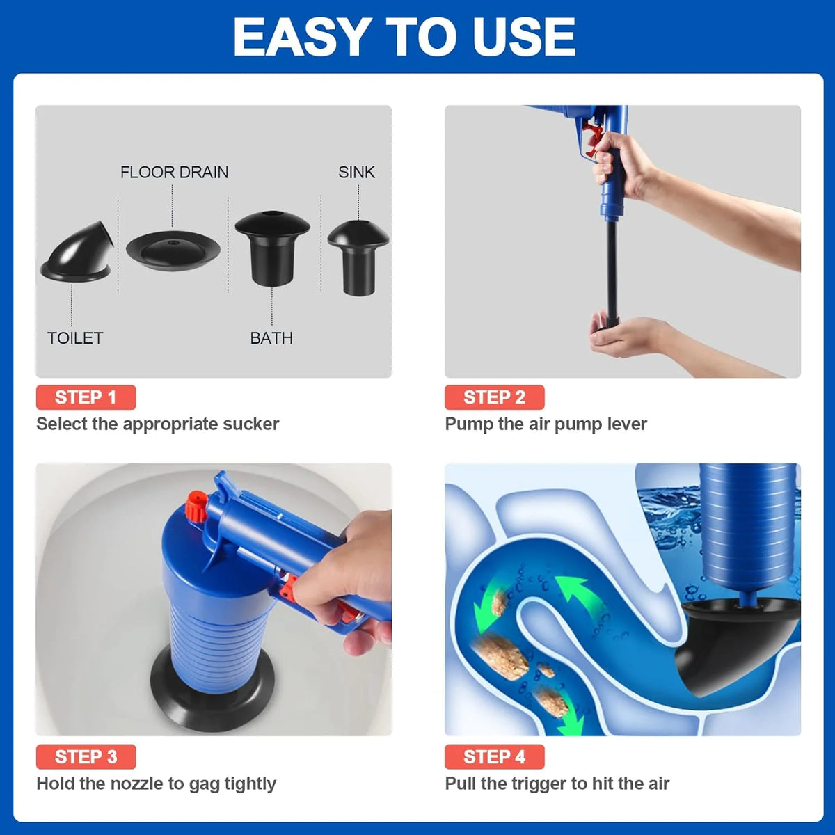 Drain Plunger Gun Compressed-Air 4 Interchangeable Cups Splash Guard