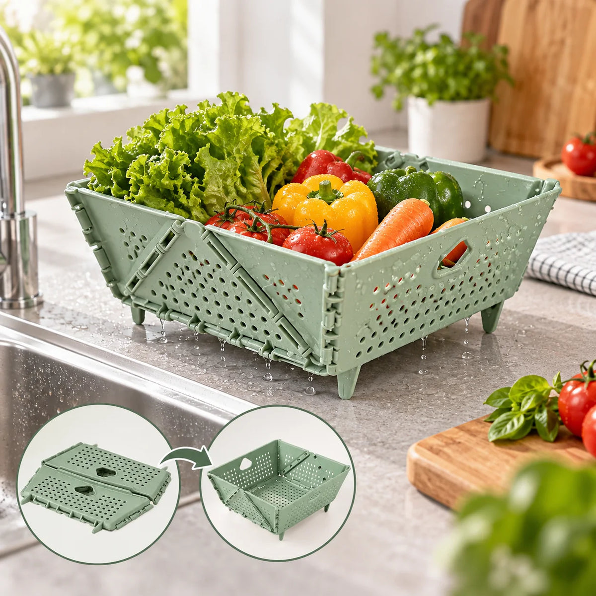 Draining Basket Collapsible Space-Saving Drainage Holes