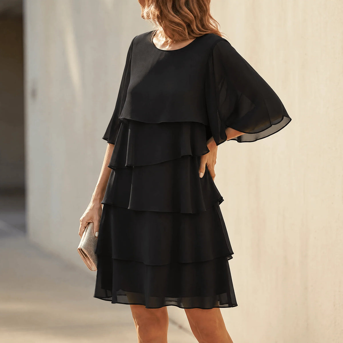 Dress Chiffon Layered Ruffles Flutter Sleeves