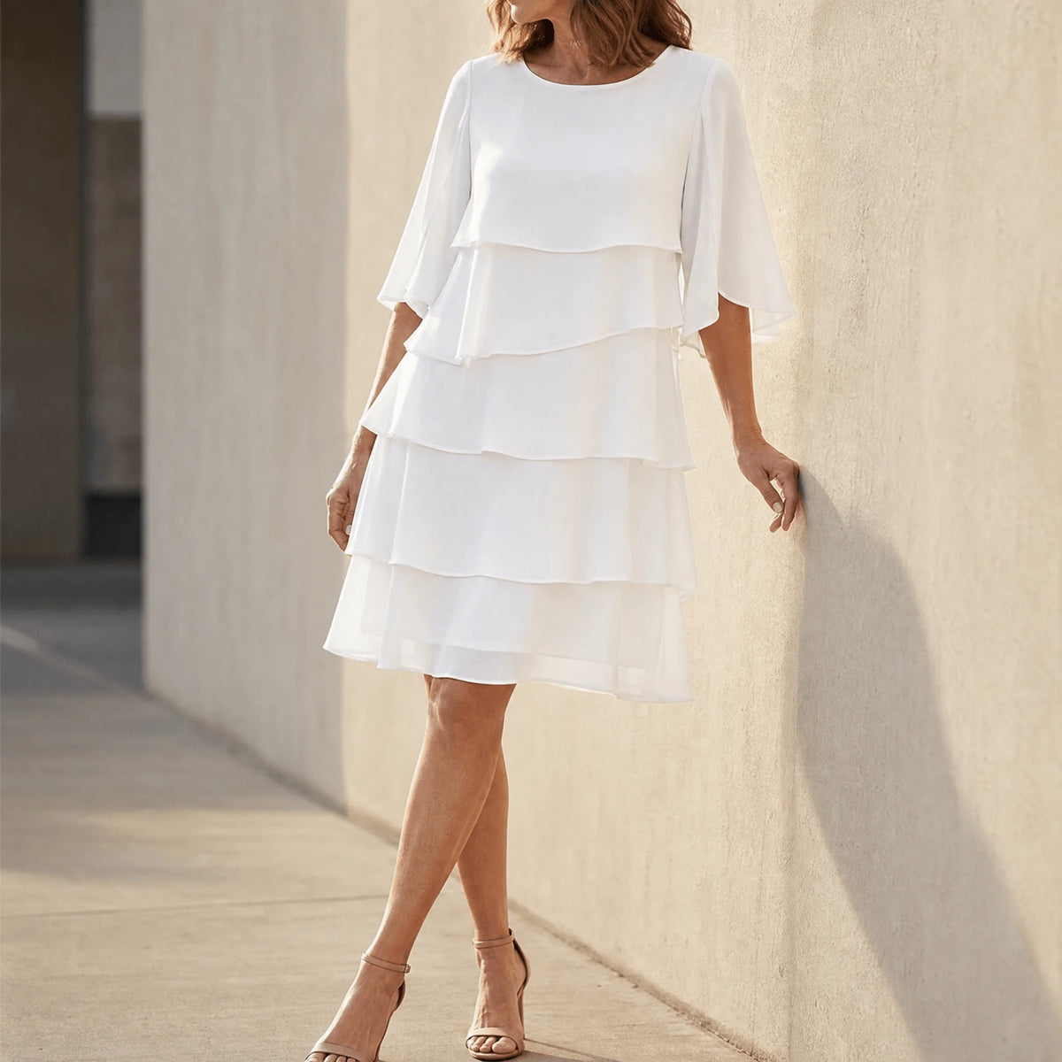 Dress Chiffon Layered Ruffles Flutter Sleeves