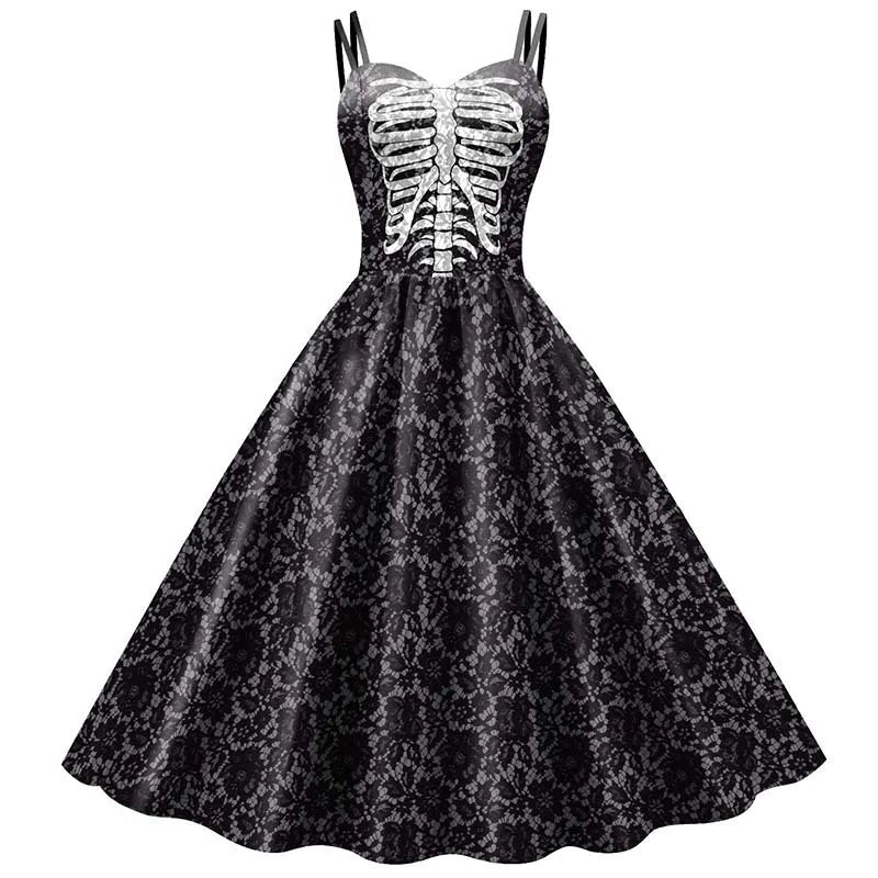 Dress Fit & Flare Skeleton Rose Print Wrinkle-Resistant