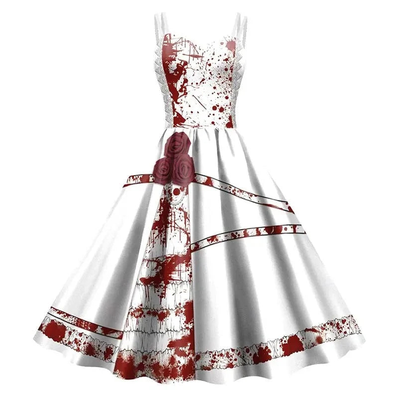 Dress Fit & Flare Skeleton Rose Print Wrinkle-Resistant