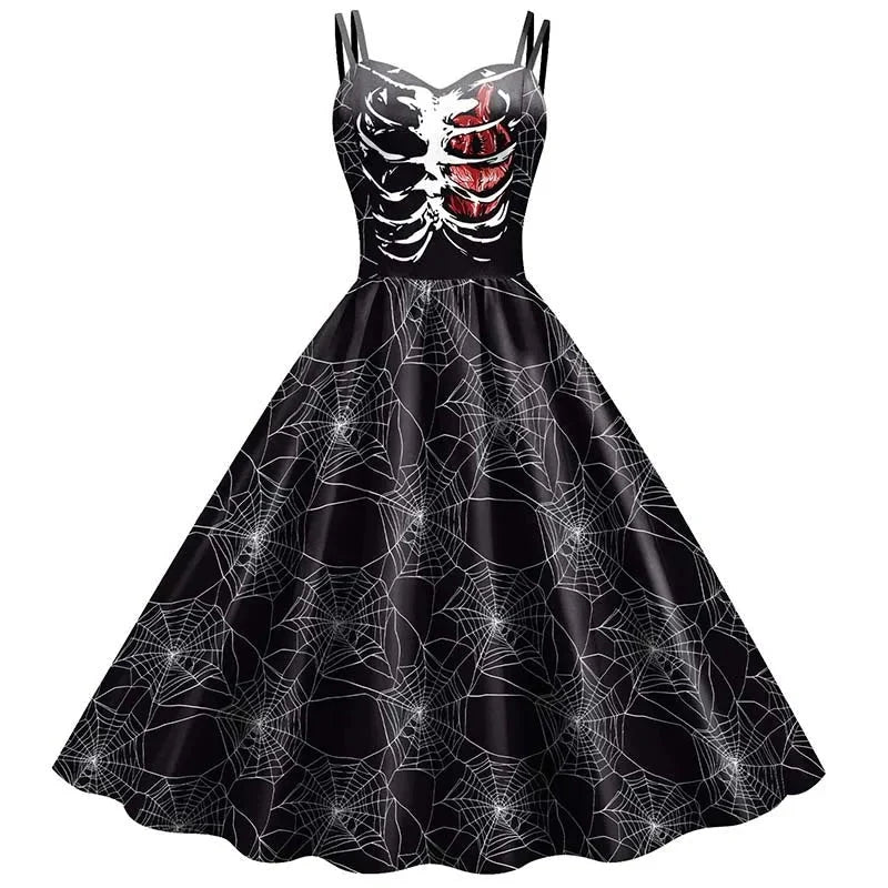 Dress Fit & Flare Skeleton Rose Print Wrinkle-Resistant