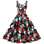 Dress Fit & Flare Skeleton Rose Print Wrinkle-Resistant
