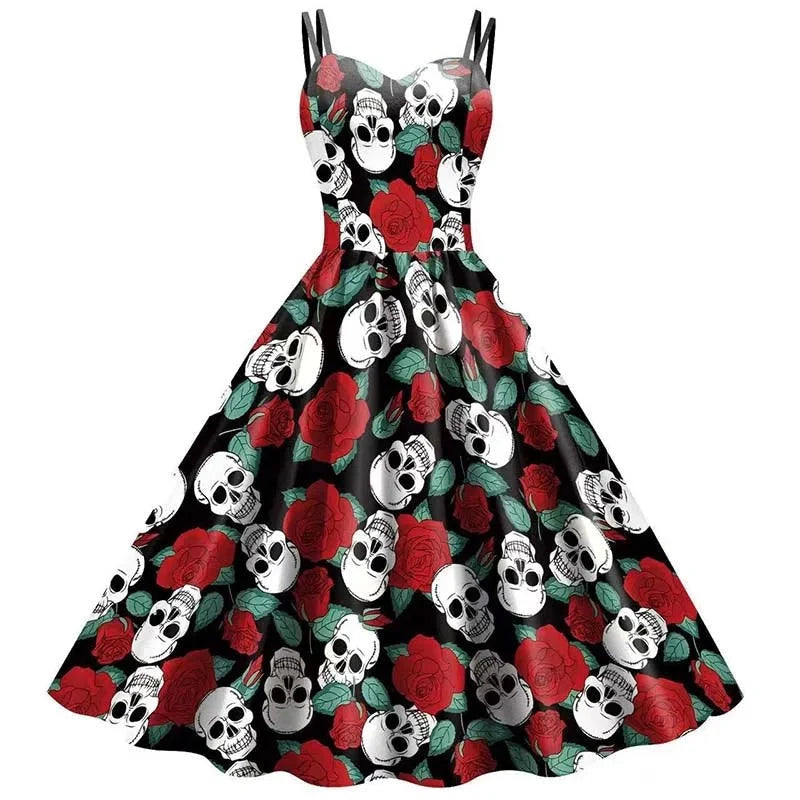 Dress Fit & Flare Skeleton Rose Print Wrinkle-Resistant