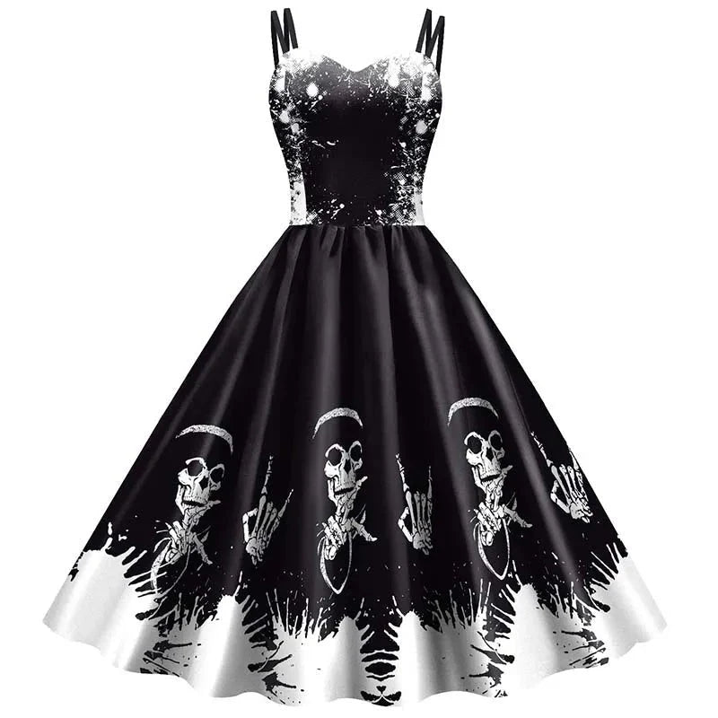 Dress Fit & Flare Skeleton Rose Print Wrinkle-Resistant