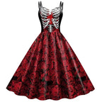 Dress Fit & Flare Skeleton Rose Print Wrinkle-Resistant