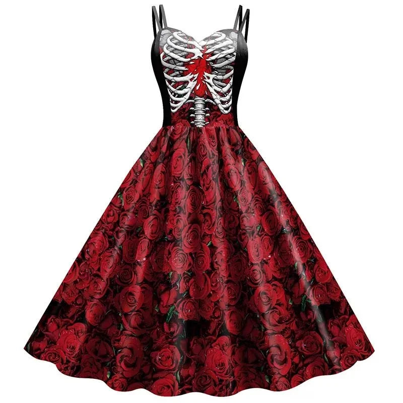 Dress Fit & Flare Skeleton Rose Print Wrinkle-Resistant