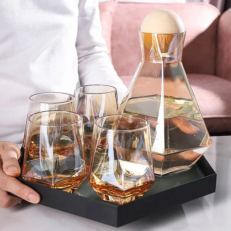 Drinkware Set Diamond-Cut Glass Carafe & Four Glasses