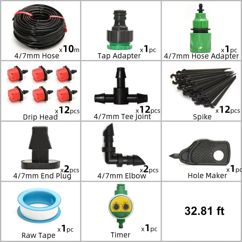 Drip Irrigation System Programmable Timer Pressure-Regulated Adjustable Drip Heads