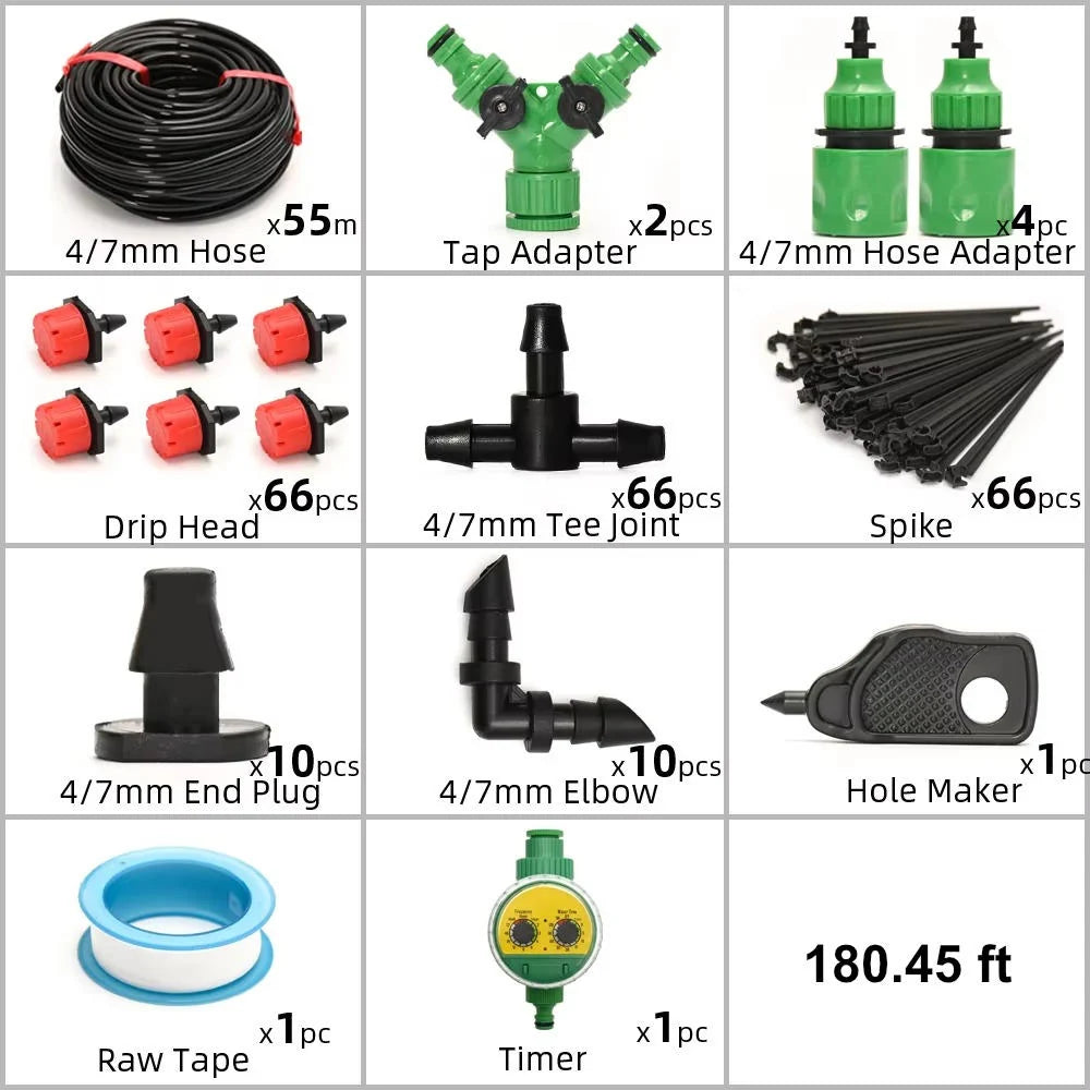 Drip Irrigation System Programmable Timer Pressure-Regulated Adjustable Drip Heads