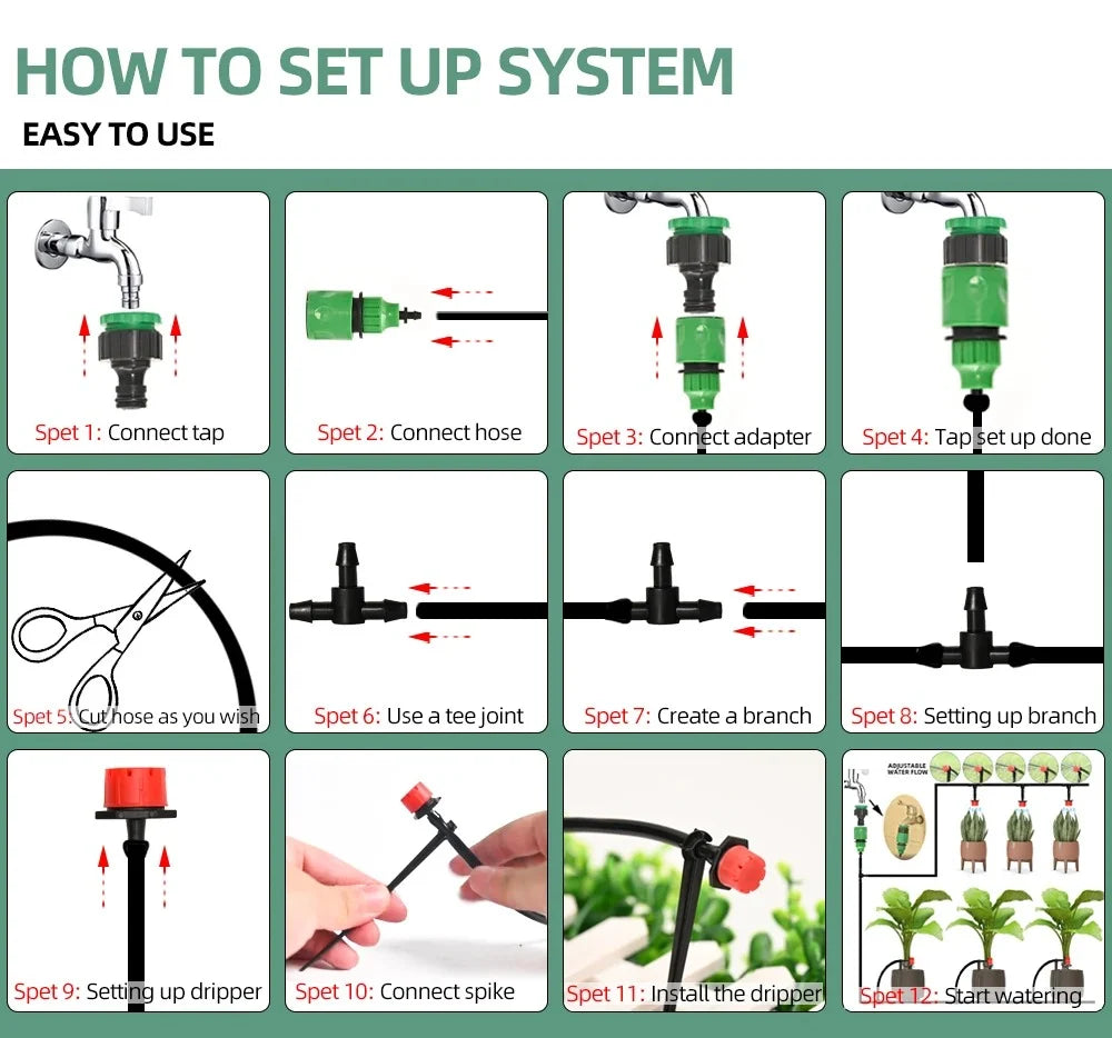 Drip Irrigation System Programmable Timer Pressure-Regulated Adjustable Drip Heads