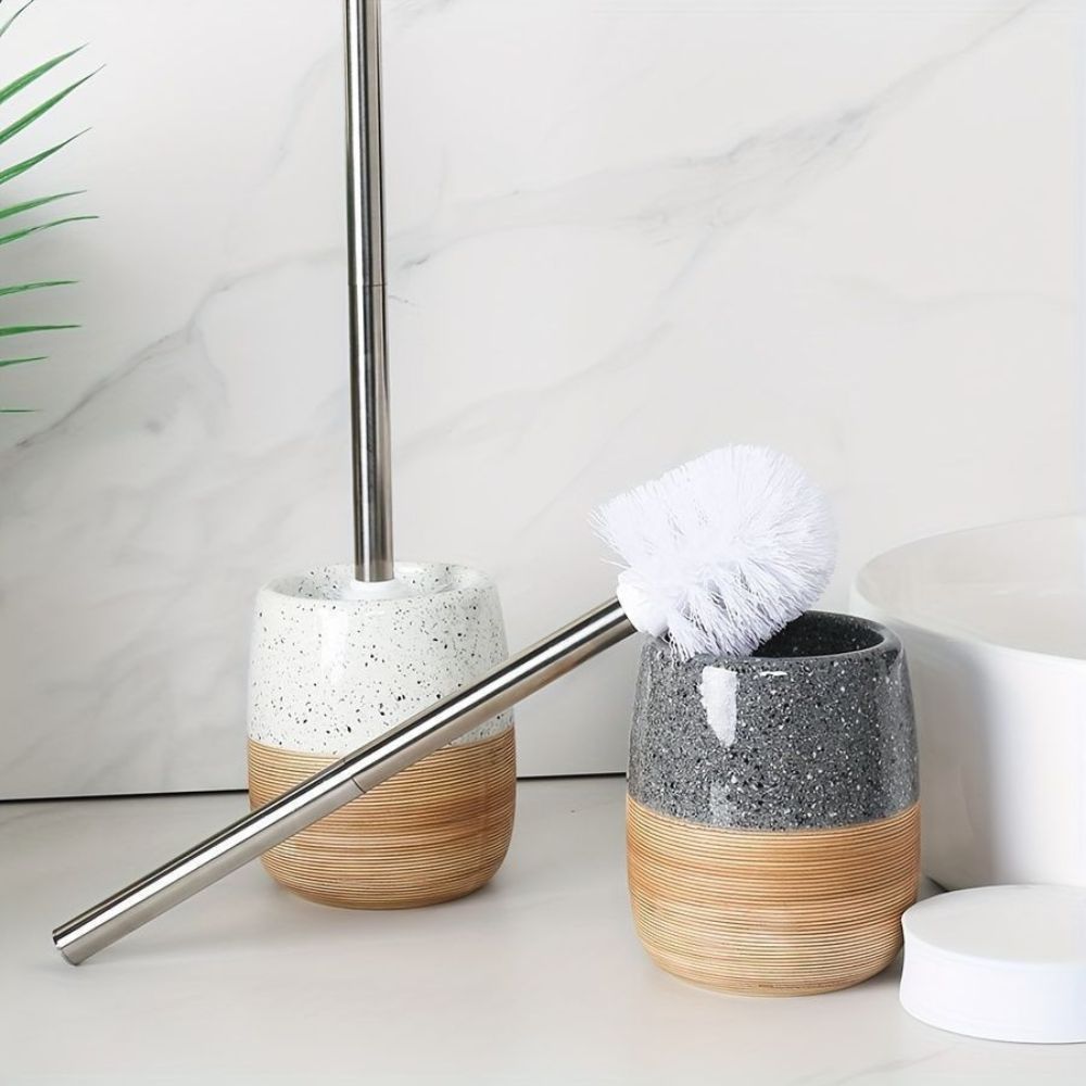 Drip-Proof Ceramic Base Stainless Steel Handle Toilet Brush & Holder (Compact)