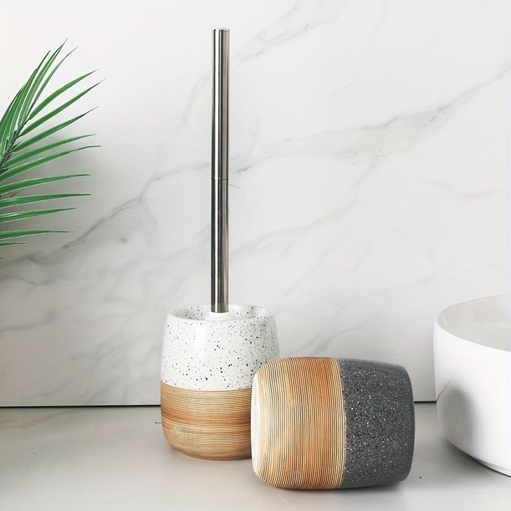 Drip-Proof Ceramic Base Stainless Steel Handle Toilet Brush & Holder (Compact)