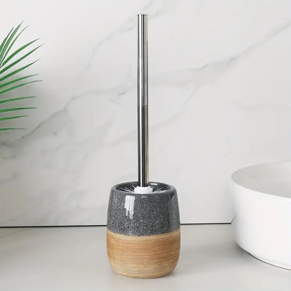 Drip-Proof Ceramic Base Stainless Steel Handle Toilet Brush & Holder (Compact)