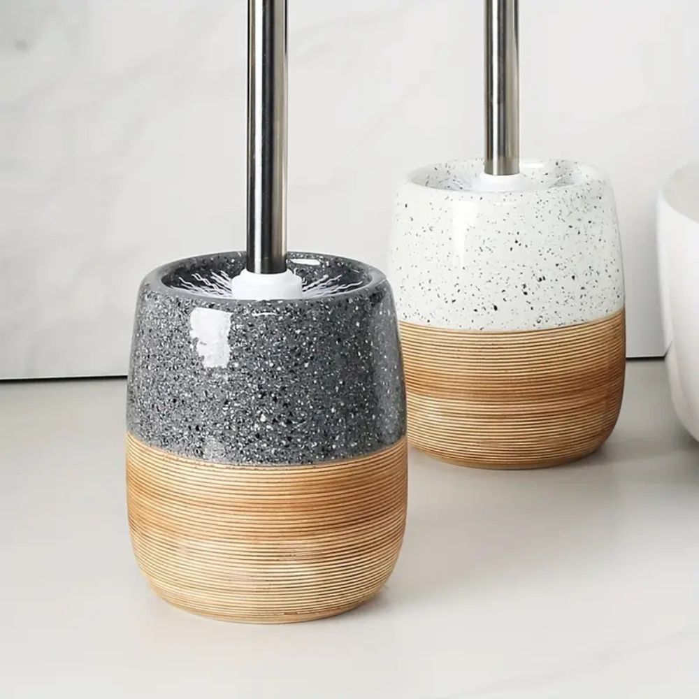 Drip-Proof Ceramic Base Stainless Steel Handle Toilet Brush & Holder (Compact)