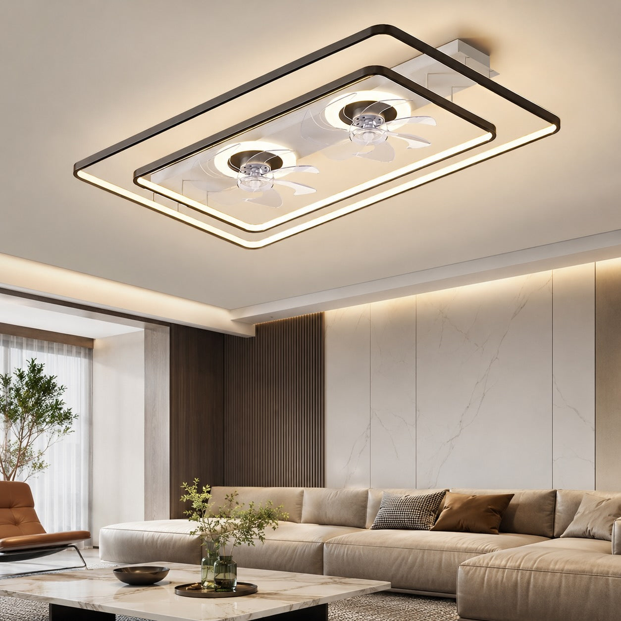 Dual-Fan Dimmable LED Flush Mount Ceiling Fan