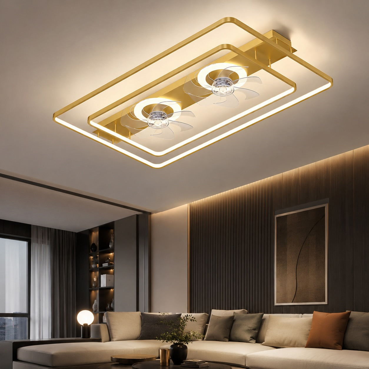 Dual-Fan Dimmable LED Flush Mount Ceiling Fan
