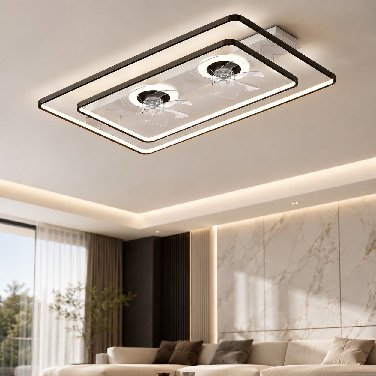 Dual-Fan Dimmable LED Flush Mount Ceiling Fan