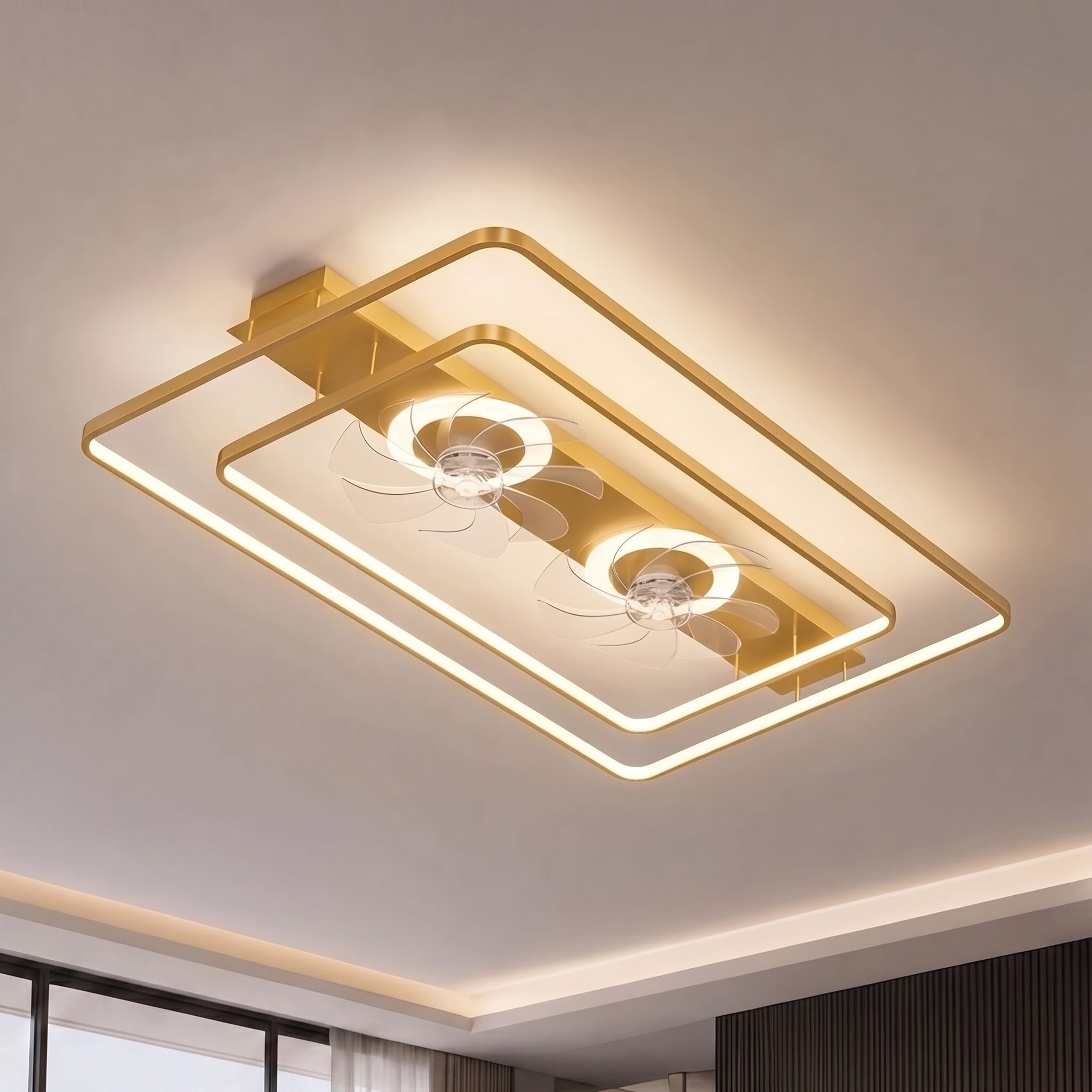 Dual-Fan Dimmable LED Flush Mount Ceiling Fan