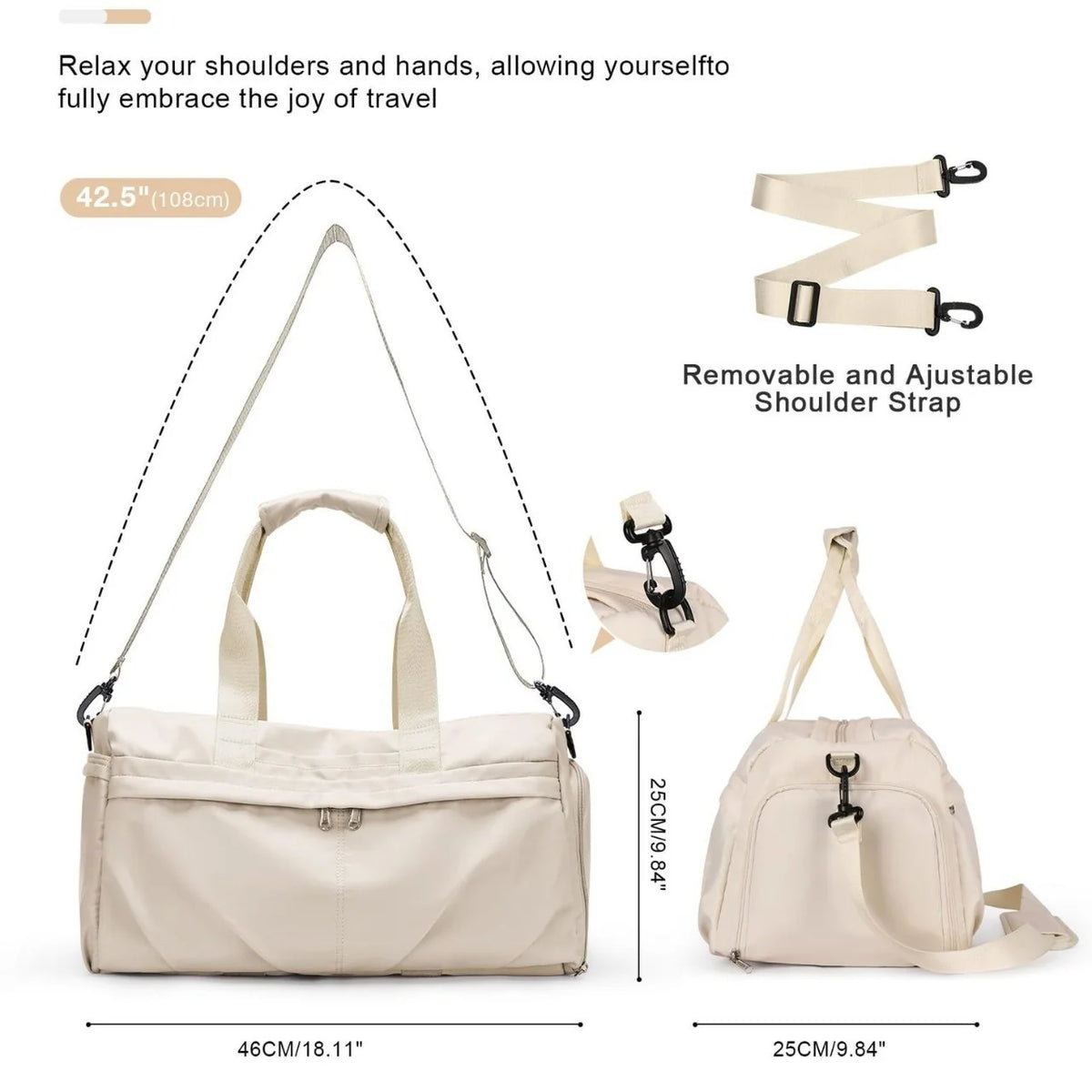 Duffel Bag Water-Resistant Multiple Pockets Removable Strap