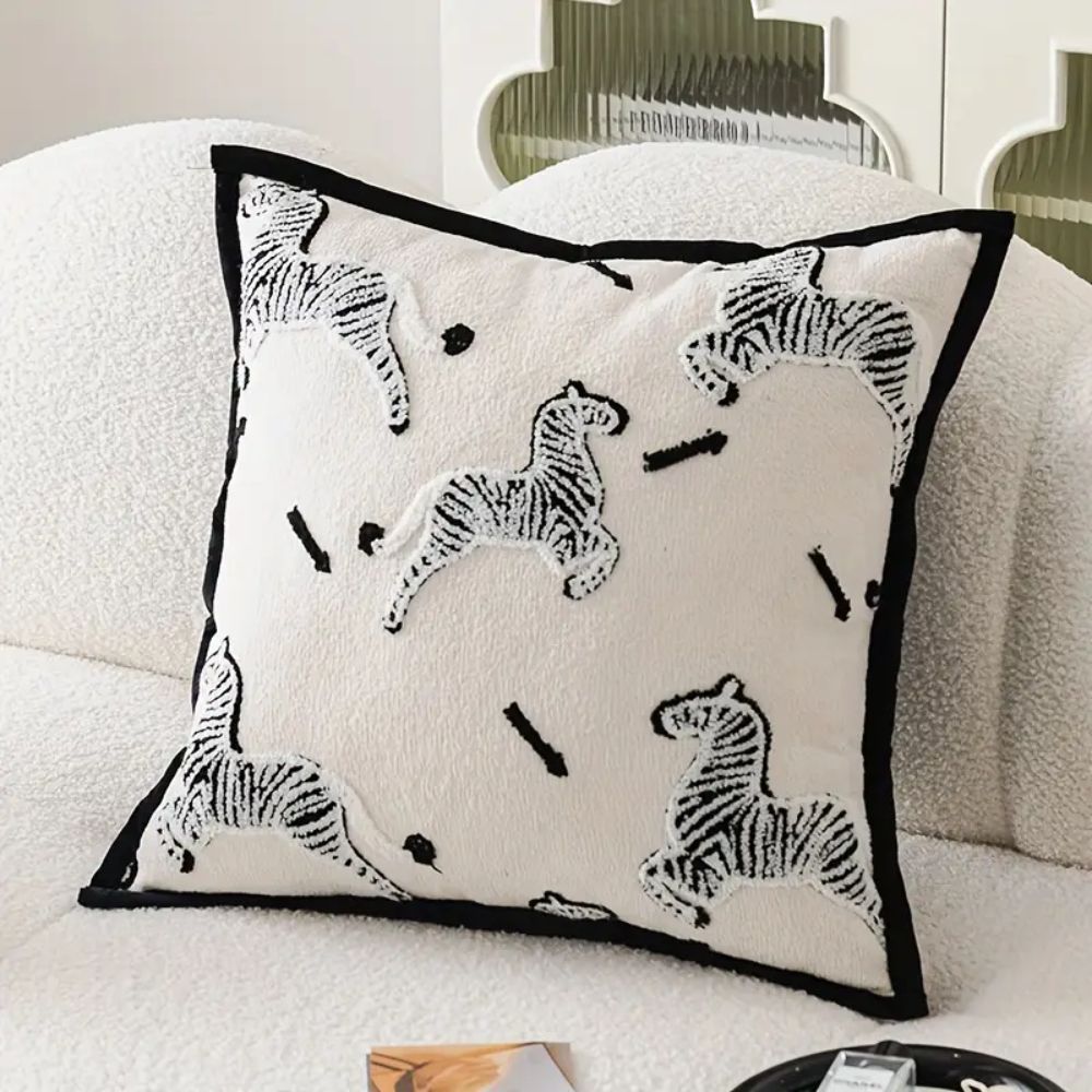 Durable Chenille Embroidered Zebra Cushion Cover (Zip Closure)