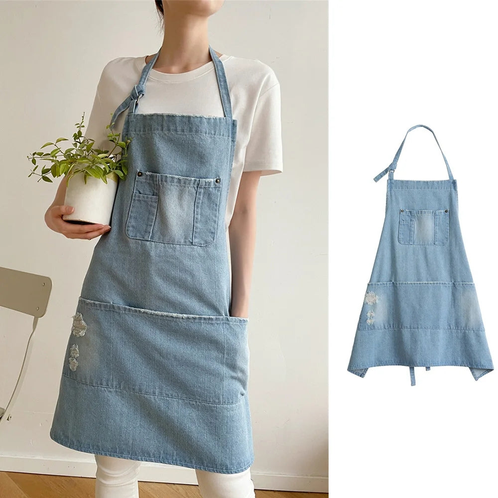 Durable Cotton Denim Front-Pocket Apron (Machine Washable)
