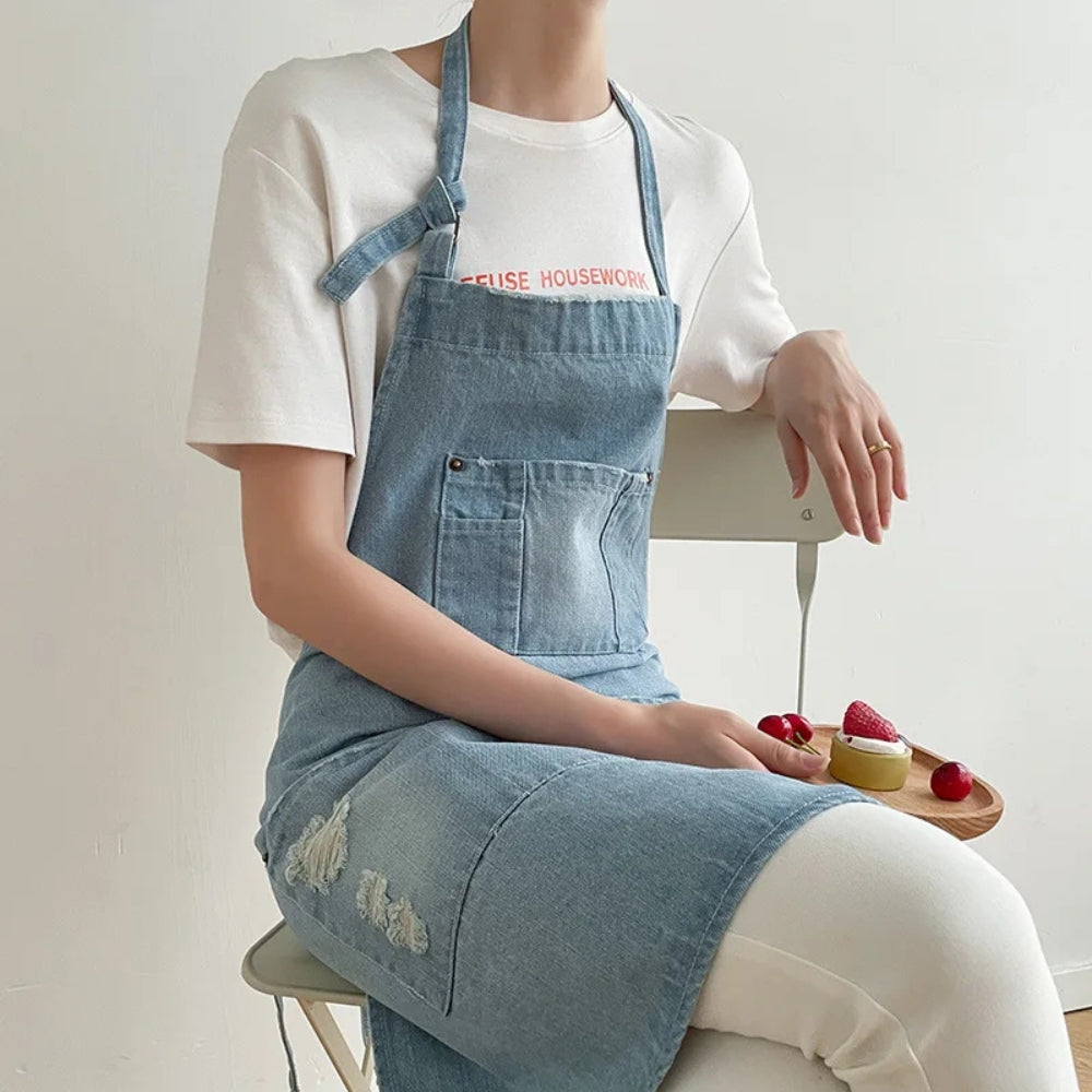Durable Cotton Denim Front-Pocket Apron (Machine Washable)