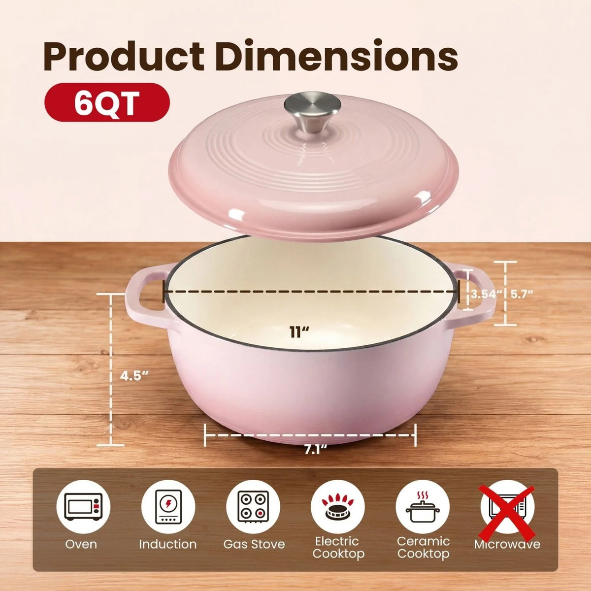 Dutch Oven Enameled Cast Iron 6-Quart Moisture-Sealing Lid