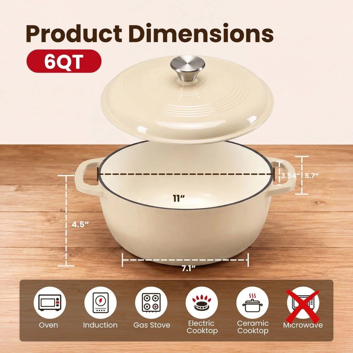 Dutch Oven Enameled Cast Iron 6-Quart Moisture-Sealing Lid