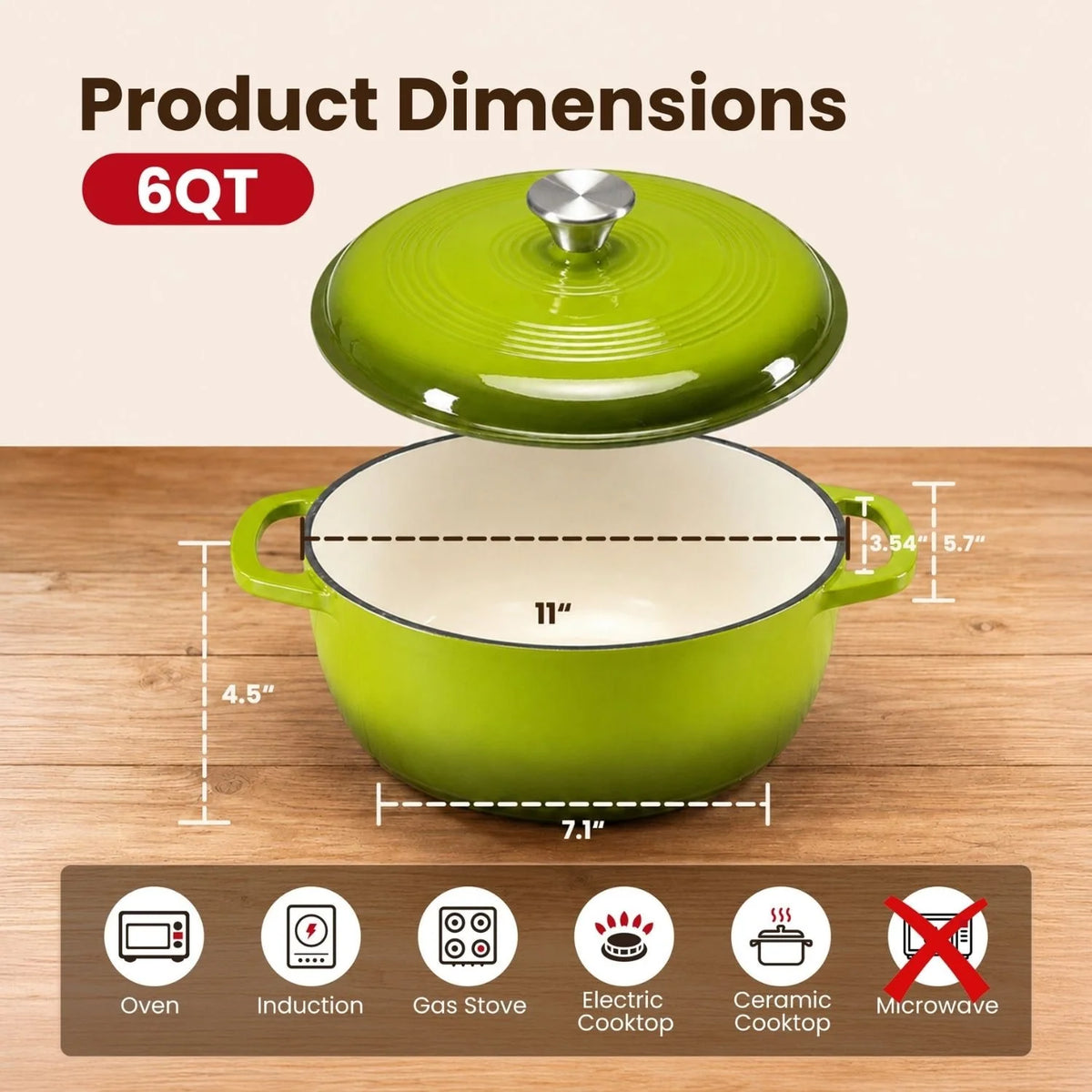 Dutch Oven Enameled Cast Iron 6-Quart Moisture-Sealing Lid