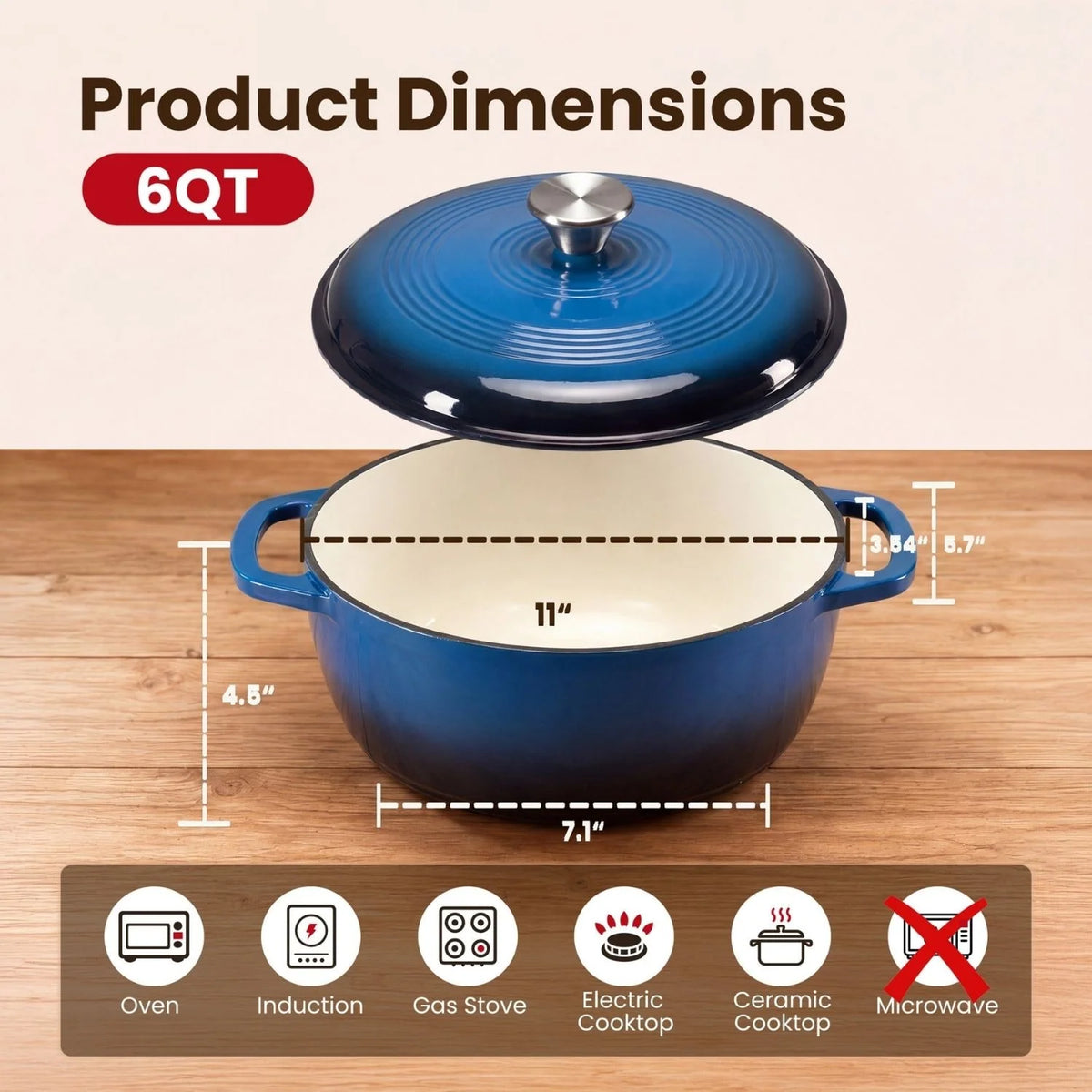 Dutch Oven Enameled Cast Iron 6-Quart Moisture-Sealing Lid