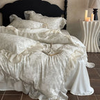 Duvet Cover 4-Piece Satin Jacquard Floral Relief & Ruffle
