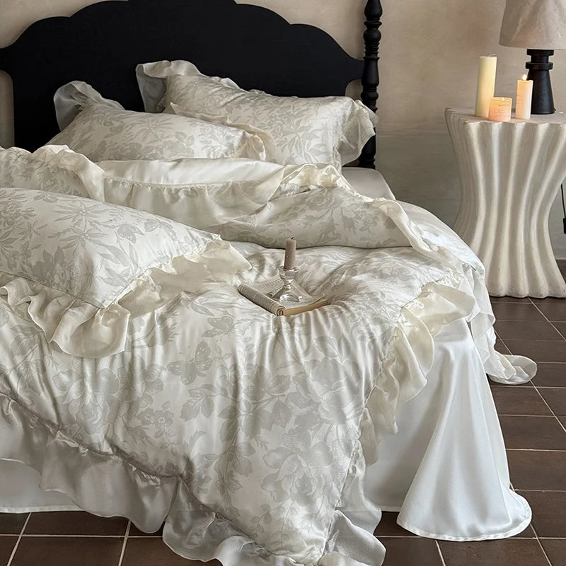 Duvet Cover 4-Piece Satin Jacquard Floral Relief & Ruffle
