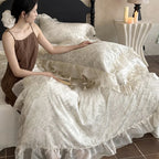 Duvet Cover 4-Piece Satin Jacquard Floral Relief & Ruffle