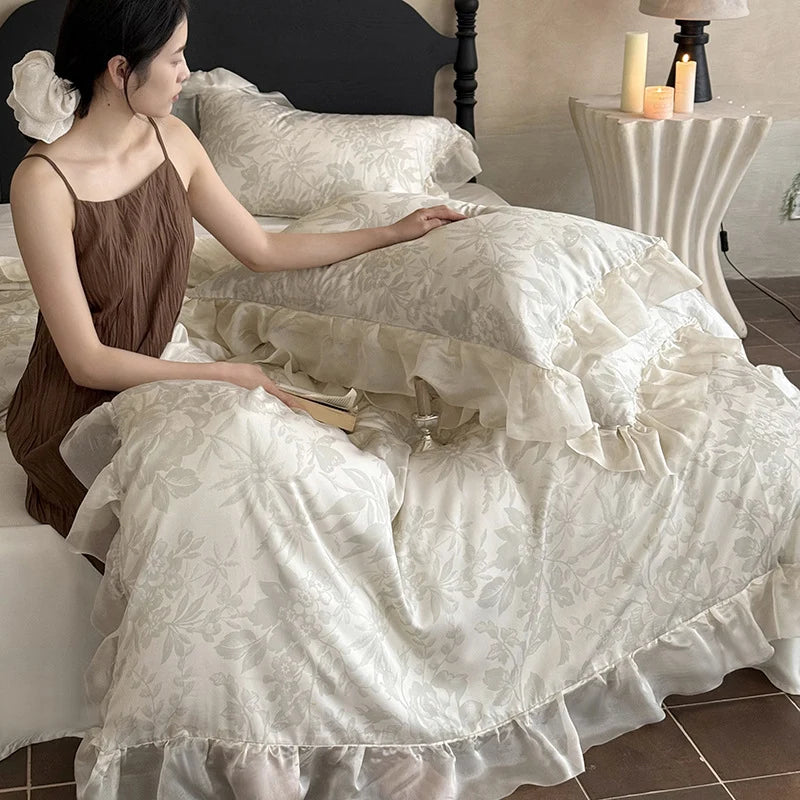 Duvet Cover 4-Piece Satin Jacquard Floral Relief & Ruffle