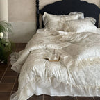 Duvet Cover 4-Piece Satin Jacquard Floral Relief & Ruffle