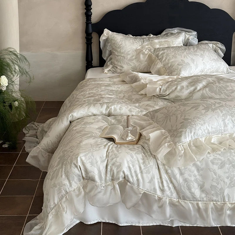 Duvet Cover 4-Piece Satin Jacquard Floral Relief & Ruffle