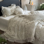 Duvet Cover 4-Piece Satin Jacquard Floral Relief & Ruffle