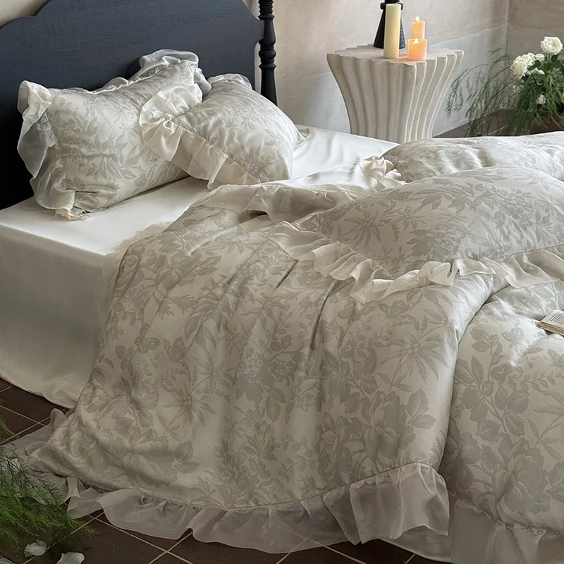 Duvet Cover 4-Piece Satin Jacquard Floral Relief & Ruffle