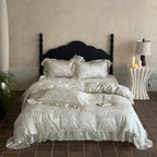 Duvet Cover 4-Piece Satin Jacquard Floral Relief & Ruffle