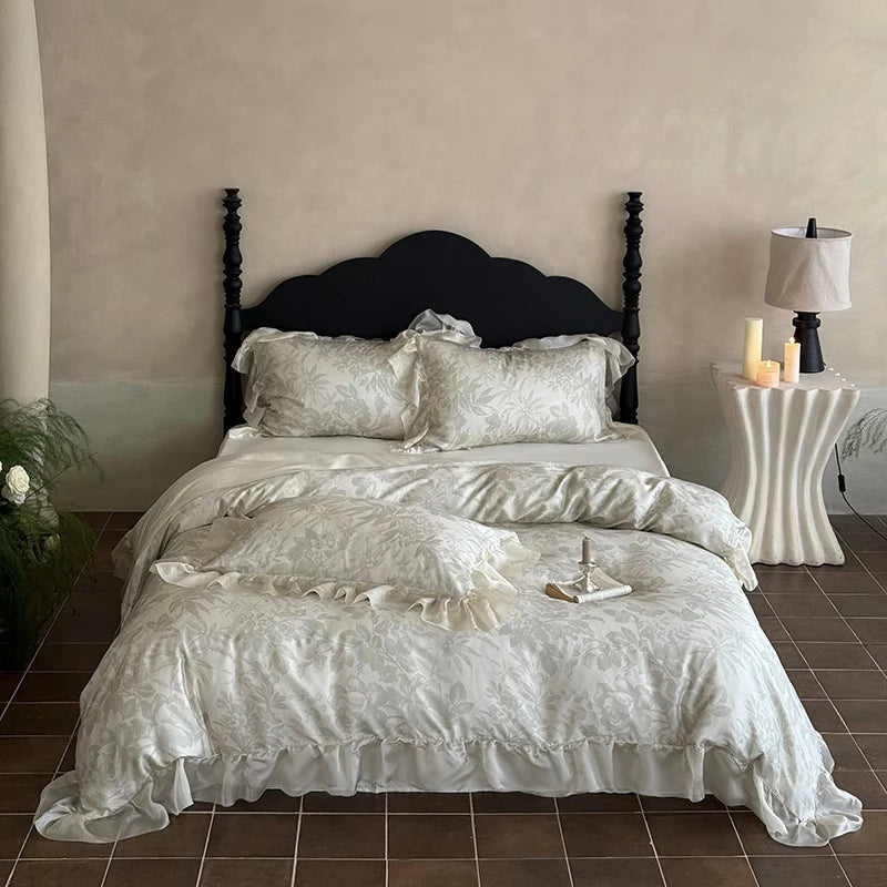 Duvet Cover 4-Piece Satin Jacquard Floral Relief & Ruffle