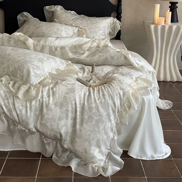 Duvet Cover 4-Piece Satin Jacquard Floral Relief & Ruffle