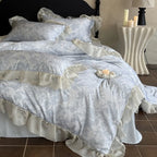 Duvet Cover 4-Piece Satin Jacquard Floral Relief & Ruffle