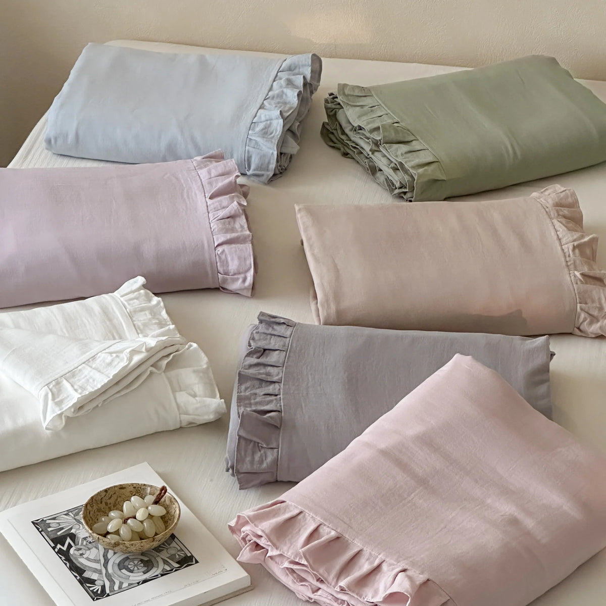 Duvet Cover & Pillowcase Set Cotton-Linen Blend Ruffled Edge