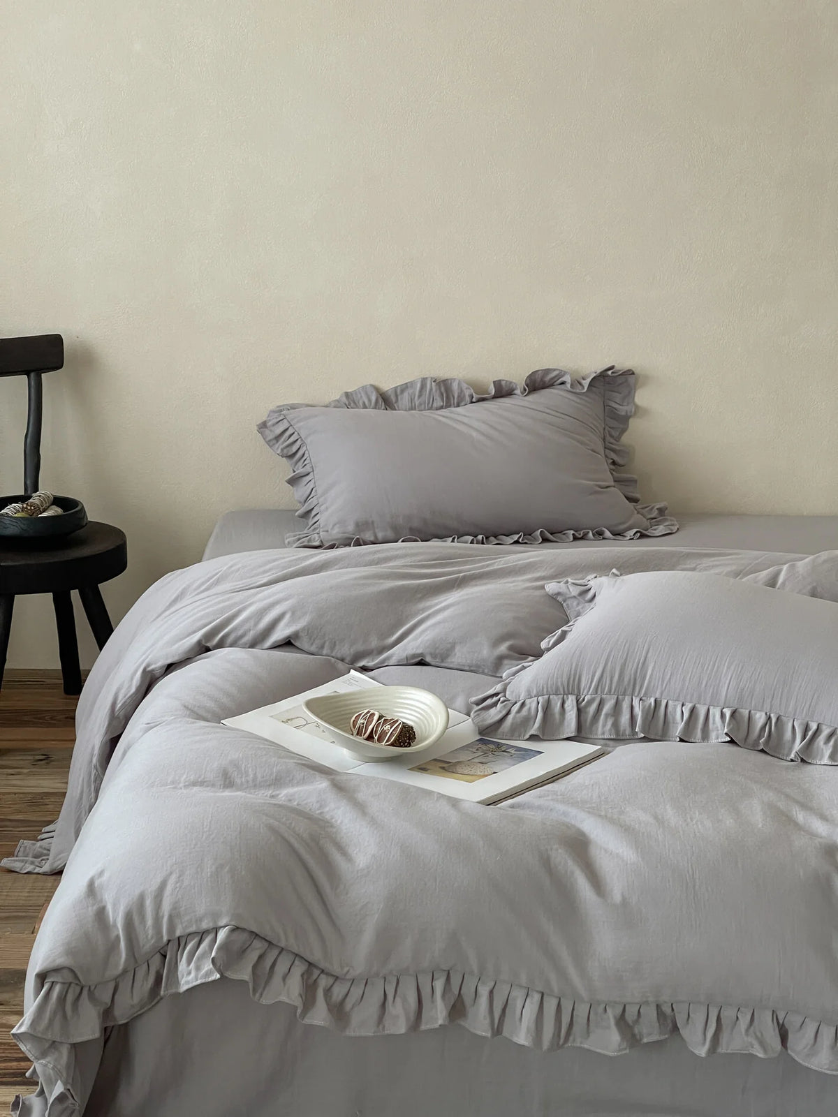 Duvet Cover & Pillowcase Set Cotton-Linen Blend Ruffled Edge