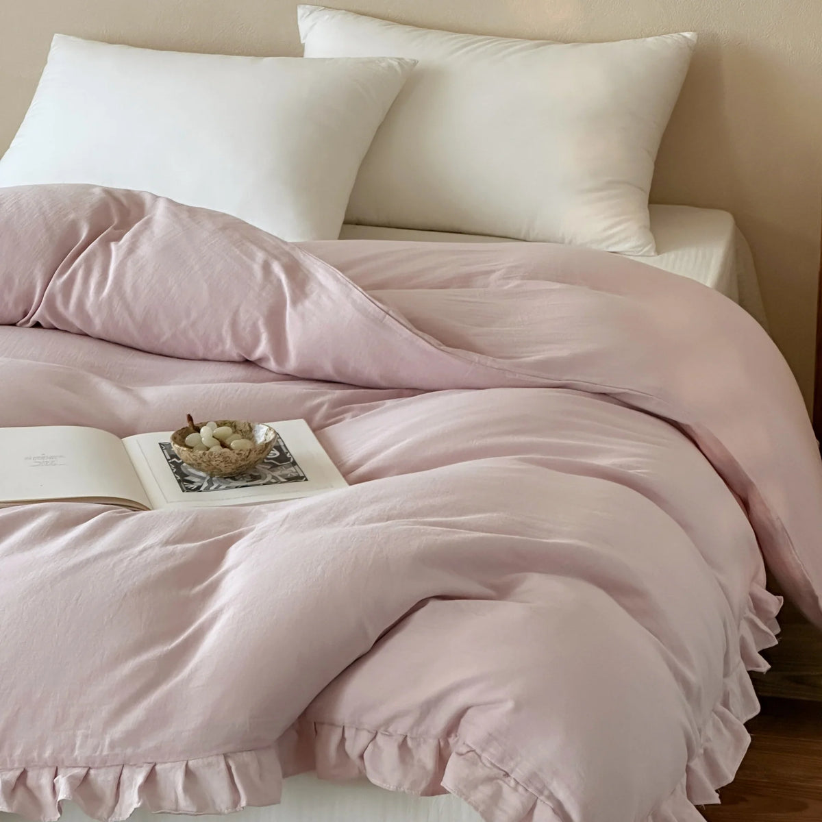 Duvet Cover & Pillowcase Set Cotton-Linen Blend Ruffled Edge