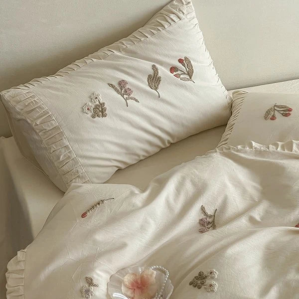 Duvet Cover Set 100% Cotton Floral Embroidery